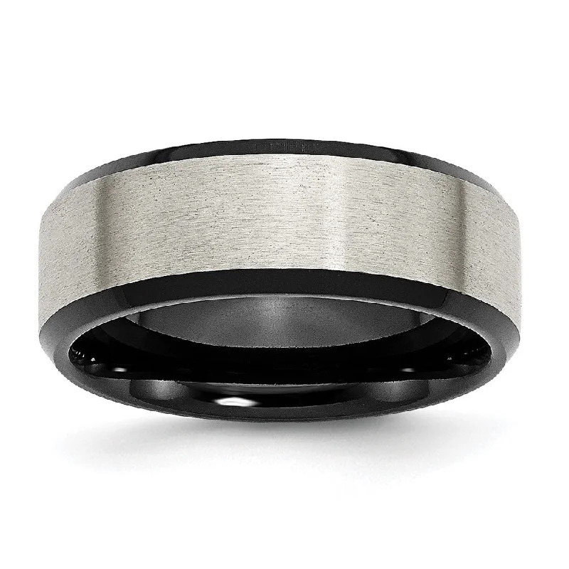 Ladies rings easy care rings-8mm Titanium Brushed & Black Plated Beveled Edge Comfort Fit Band