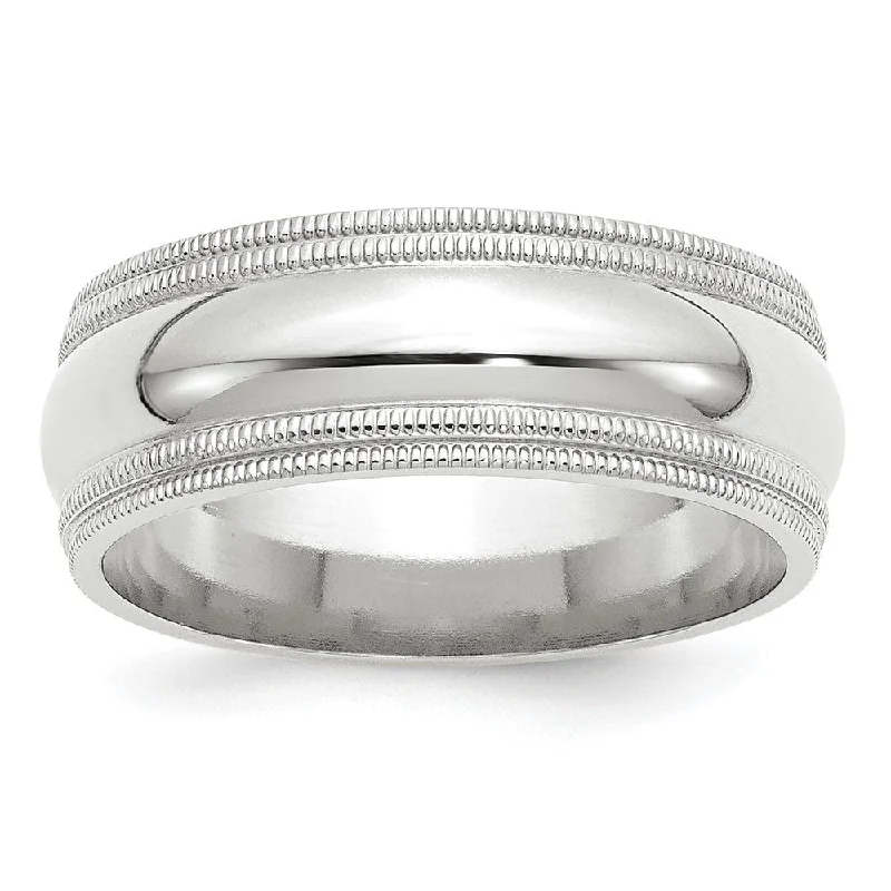 Ladies rings pure silver styles-8mm 10K White or Yellow Gold Double Milgrain Edge Comfort Fit Band