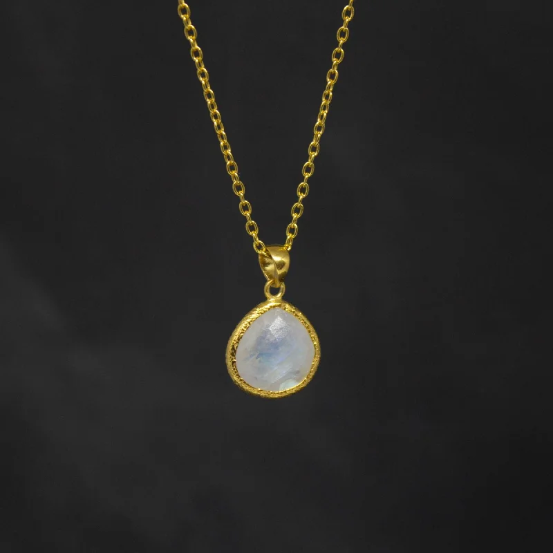 Ladies necklaces contemporary classic designs-Gold Textured Teardrop Rainbow Moonstone Necklace