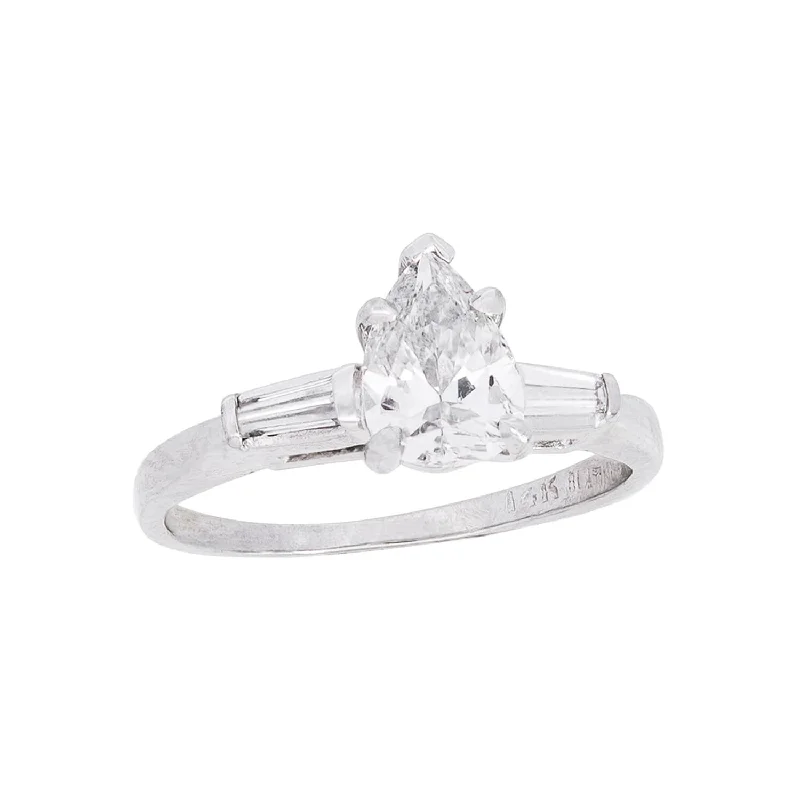 Ladies engagement rings lab-created solitaires-Retro Platinum Pear Cut Diamond Engagement Ring 1.10ctw