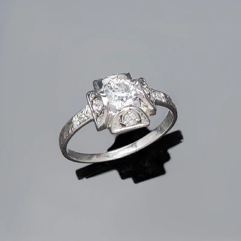 Ladies engagement rings romantic diamond cuts-Art Deco 18K Diamond Engagement Ring 0.65ct