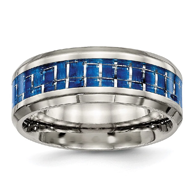 Ladies rings pearl inlay styles-Mens 8mm Titanium Blue/White Carbon Fiber Beveled Comfort Fit Band