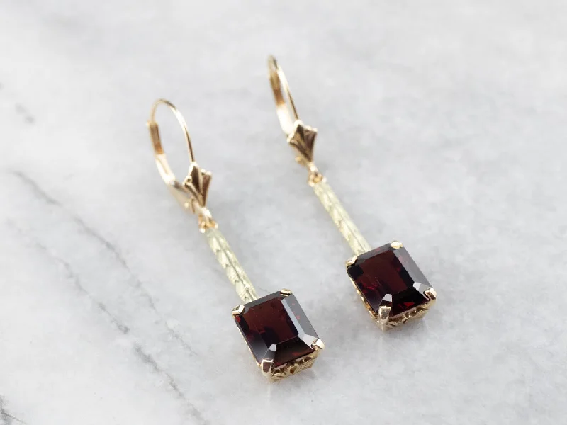 Ladies earrings ethnic pattern designs-Emerald Cut Garnet Gold Bar Drop Earrings