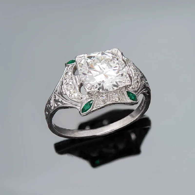 Ladies engagement rings New Year’s diamond rings-Art Deco Platinum Diamond + Emerald Engagement Ring 1.78ct