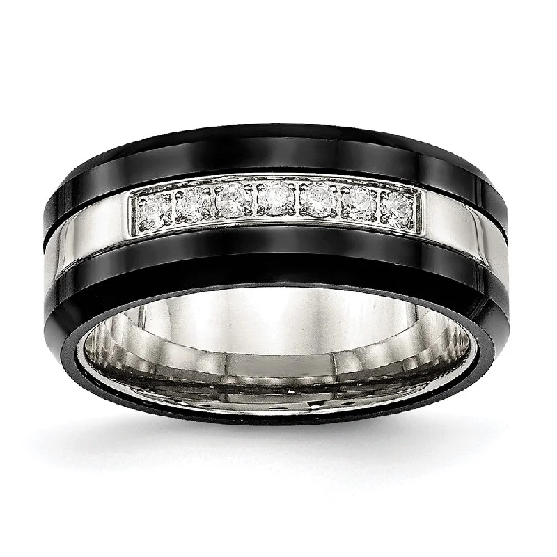 Ladies rings Korean fashion styles-8mm Stainless Steel, Black Ceramic & CZ Beveled Comfort Fit Band