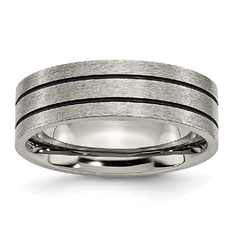 Ladies rings fixed gem designs-7mm Titanium & Black Enamel Brushed Grooved Flat Standard Fit Band