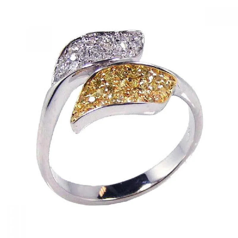 Ladies rings stackable ring sets-Silver 925 Rhodium and Gold Plated Yellow and Clear CZ Leaf Ring - BGR00085