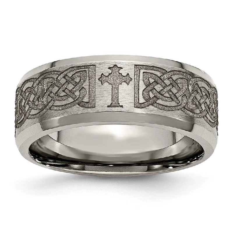 Ladies rings initial letter styles-8mm Titanium Lasered Celtic Cross Beveled Edge Standard Fit Band