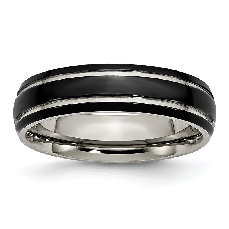 Ladies rings tarnish-free rings-6mm Titanium Polished & Black Plated Grooved Standard Fit Band