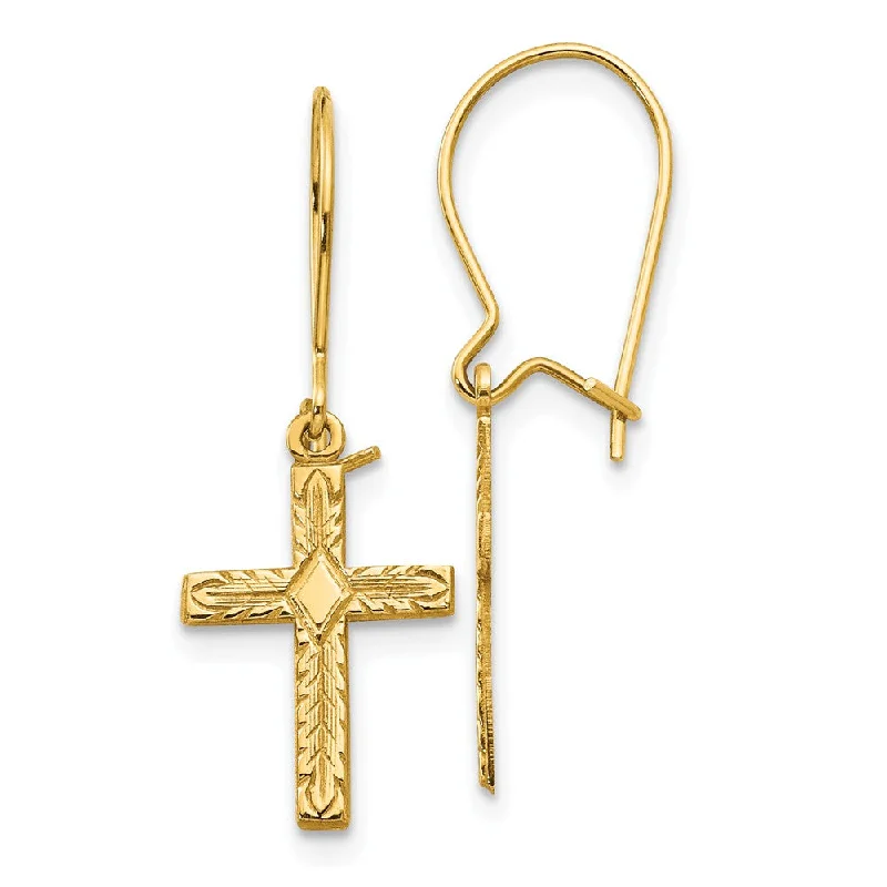 Ladies earrings mismatched pair styles-13mm Textured Cross Dangle Earrings in 14k Yellow Gold