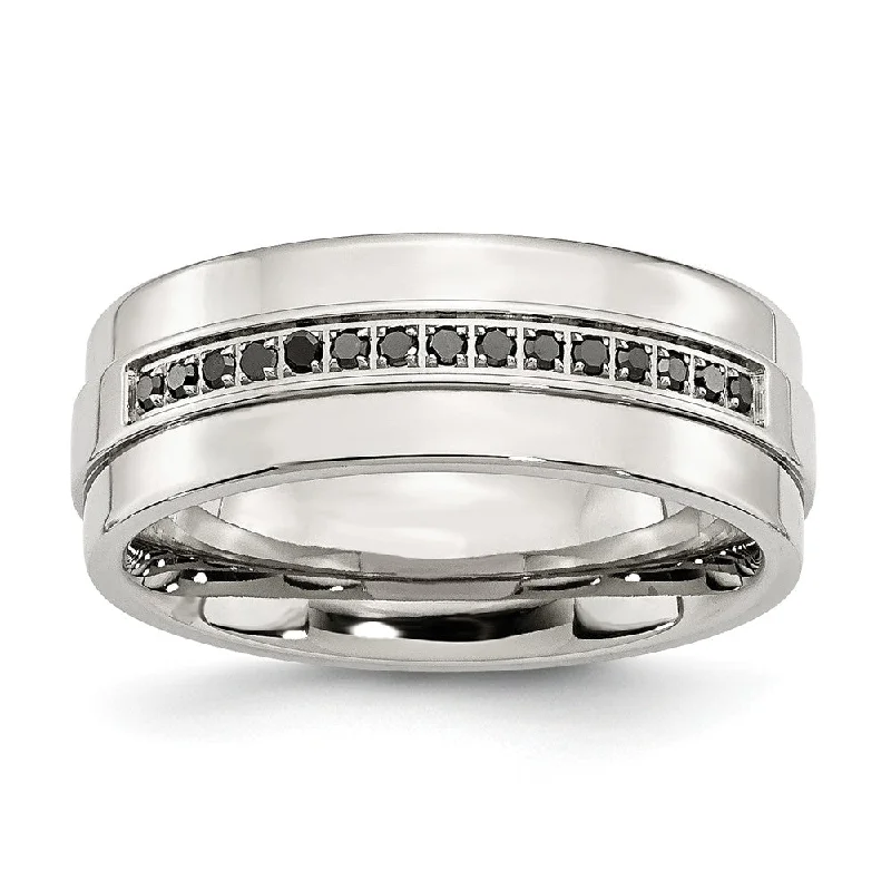 Ladies rings polished gemstone styles-8mm Stainless Steel & 1/6 Ctw Blk Diamond Ridged Edge Comfort Fit Band