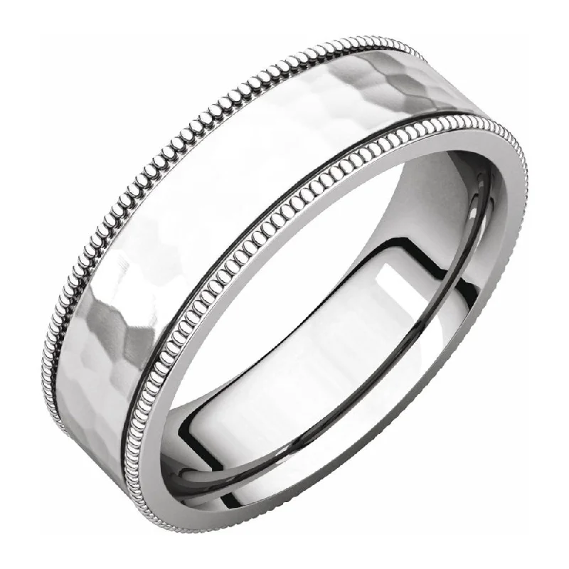 Ladies rings enamel detail rings-6mm Platinum Milgrain Hammered Flat Comfort Fit Band