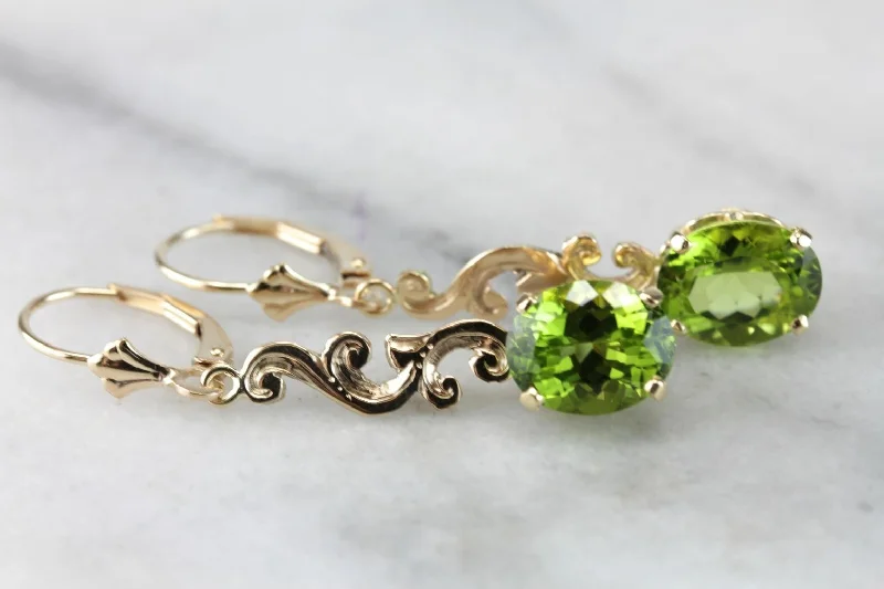 Ladies earrings elegant gold designs-Scrolling Bright Green Peridot Drop Earrings