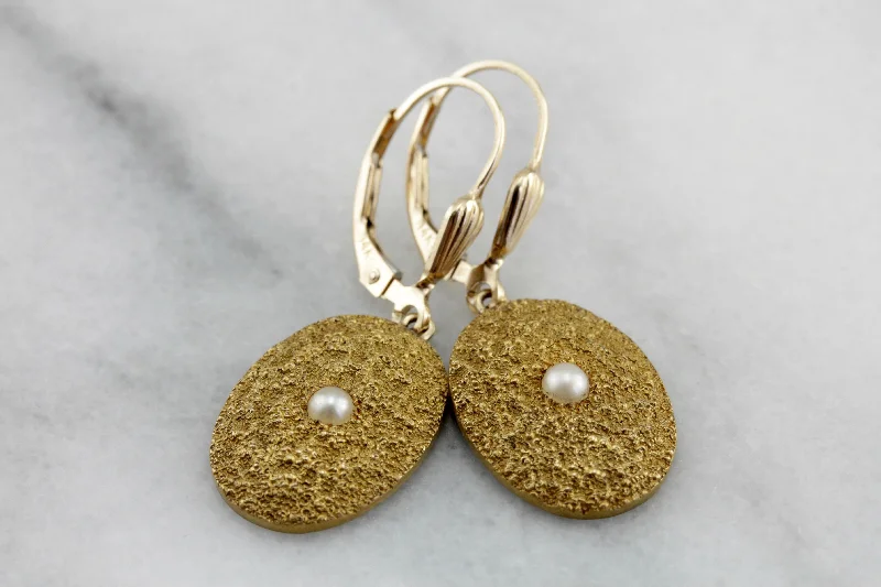 Ladies earrings thin drop earrings-Brushed Gold: High Karat Cufflink Conversion, Textured Gold & Pearl Drop Earrings