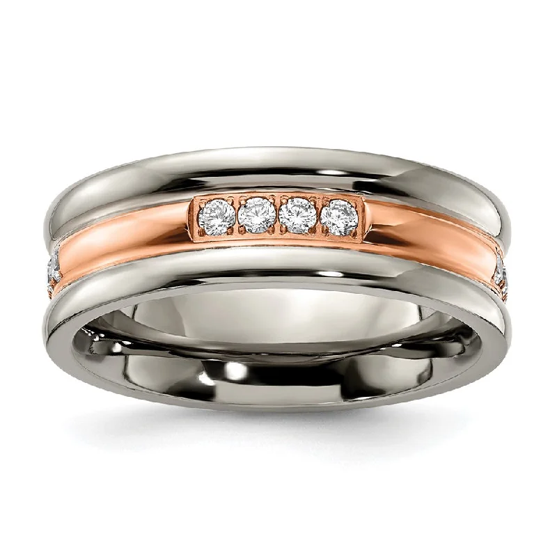 Ladies rings spinning band styles-7mm Titanium, Rose Tone Plated, & CZ Grooved Standard Fit Band