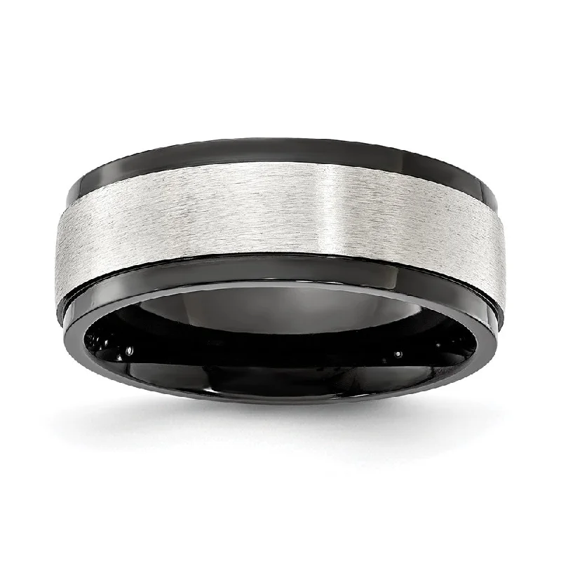 Ladies rings Thanksgiving gift rings-8mm Cobalt Black Plated & Brushed Ridged Standard Fit Band