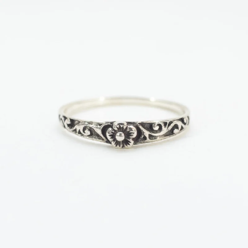 Ladies rings surrealist style designs-Thin Silver Flower Stack Ring