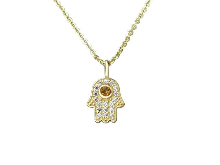 Ladies necklaces festive holiday gifts-18ct Gold Vermeil Hamsa Pendant Necklace with Cubic Zirconia Detail