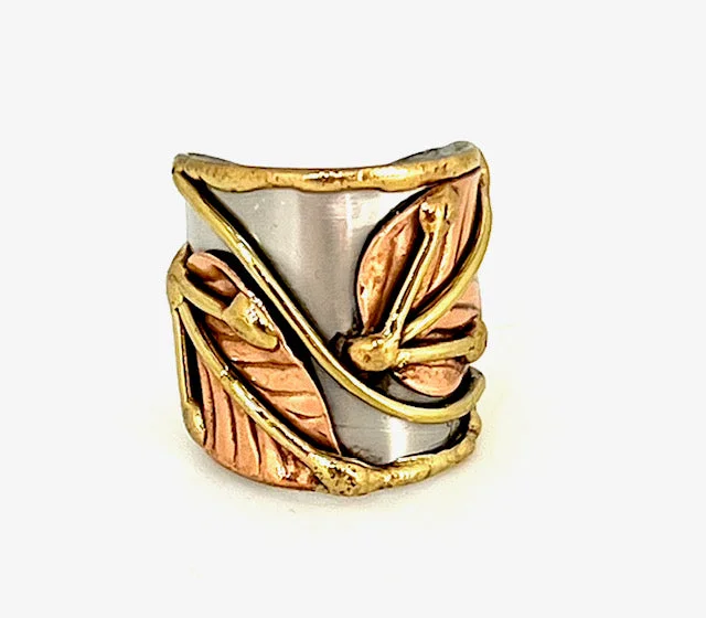 Ladies rings brushed texture designs-Multi Metal Adjustable Artisan Ring - Leaves