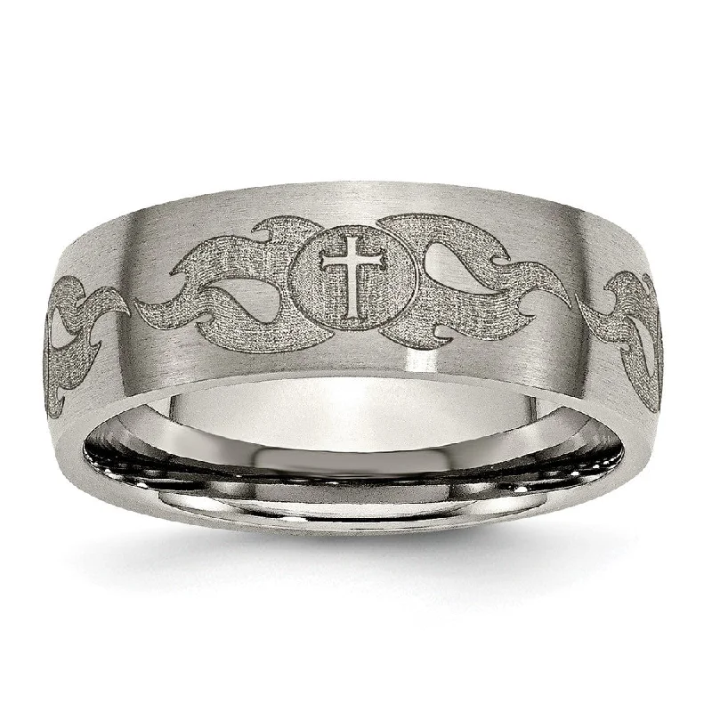 Ladies rings friendship bond rings-8mm Titanium Etched/Brushed Cross & Flames Domed Standard Fit Band