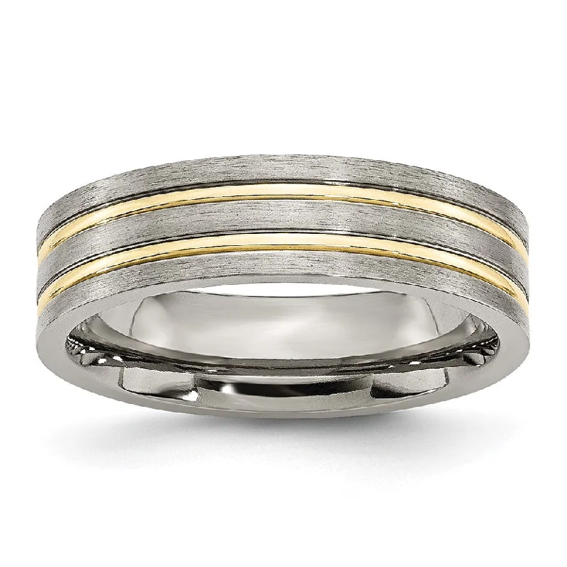 Ladies rings pointed tip styles-6mm Titanium Gold Tone Plated Grooved Flat Standard Fit Band