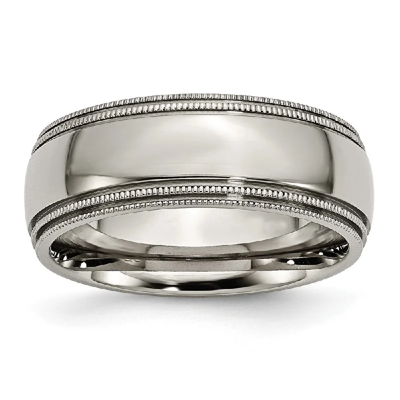 Ladies rings two-tone ring designs-8mm Titanium Polished Double Milgrain Standard Fit Band