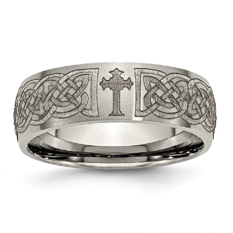 Ladies rings global brand styles-8mm Titanium Etched & Brushed Celtic Cross Domed Standard Fit Band