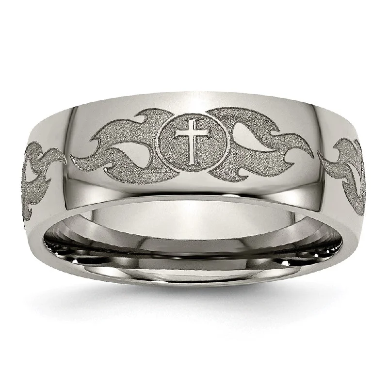 Ladies rings distressed look styles-8mm Titanium Etched/Polished Cross & Flames Domed Standard Fit Band