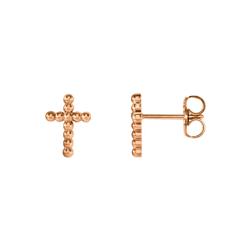 Ladies earrings zodiac sign styles-9mm Beaded Cross Post Earrings in 14k Rose Gold