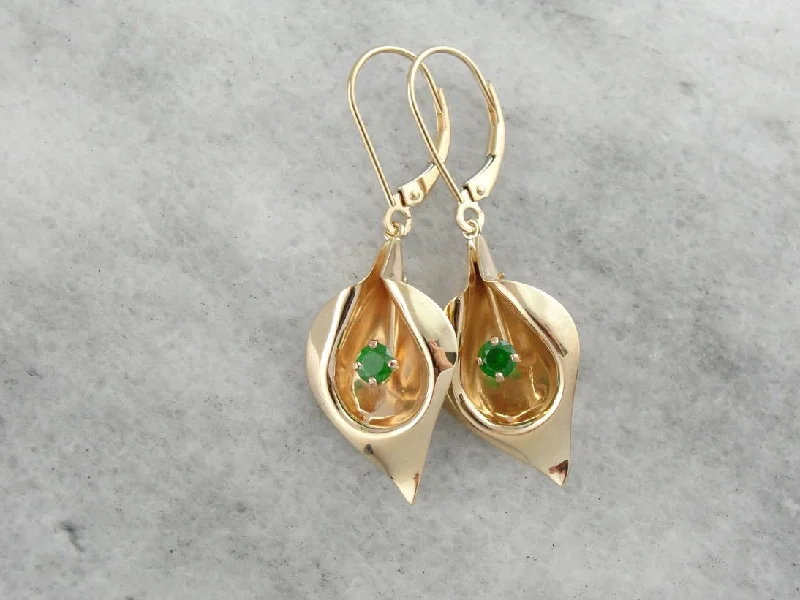 Ladies earrings matte finish options-Golden Calla Lily & Green Demantoid Garnet Flower Earrings