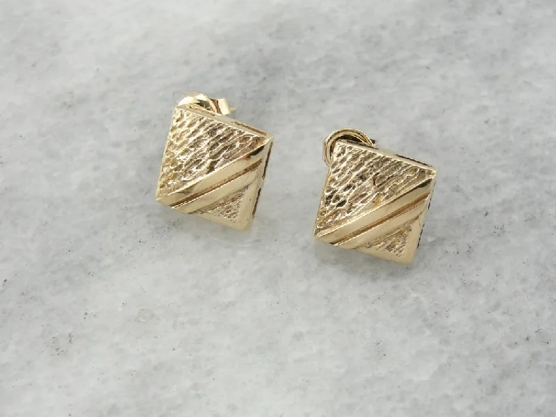 Ladies earrings filigree detail earrings-Double Yellow Line: Textured Square Stud Earrings in Gold