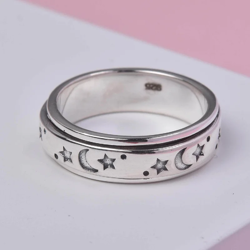 Ladies rings dramatic flair rings-Moon & Stars Spinner Ring