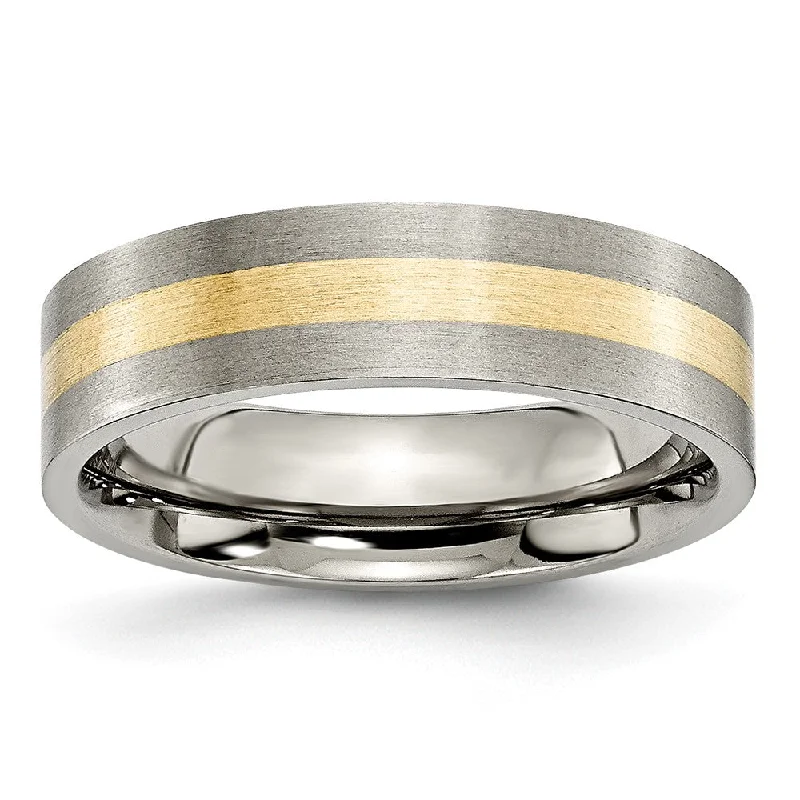 Ladies rings friendship bond rings-6mm Titanium & 14k Gold Inlay Flat Satin Standard Fit Band