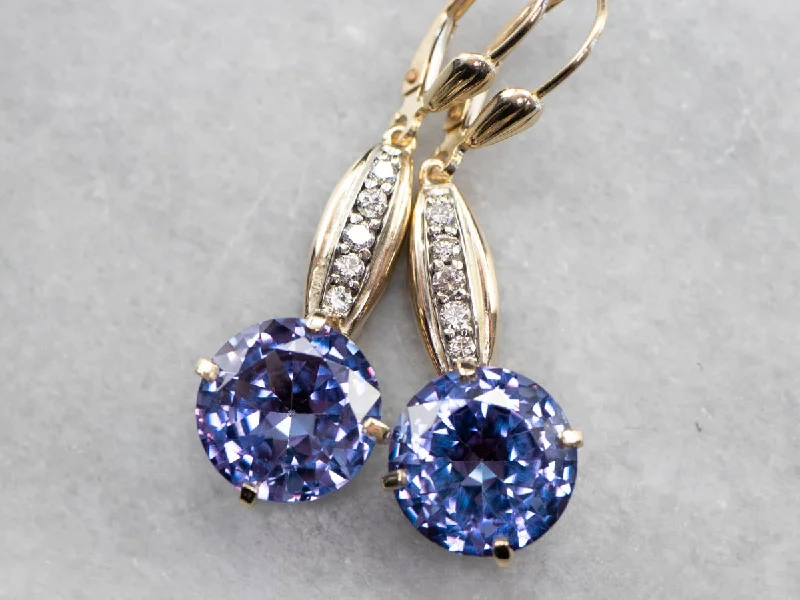 Ladies earrings aquamarine blue styles-Synthetic Alexandrite and Diamond Drop Earrings