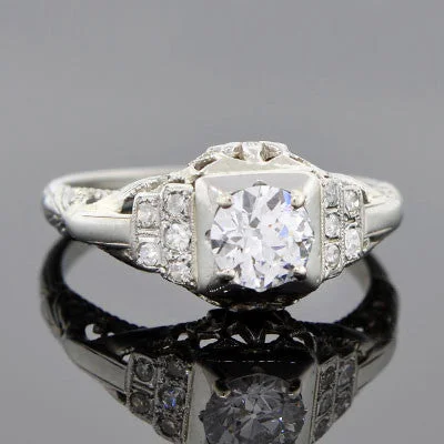 Ladies engagement rings designer labels-Art Deco 18kt Gold Diamond Engagement Ring .67ct