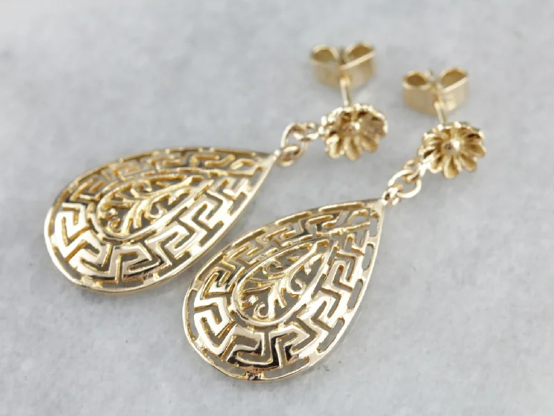 Ladies earrings iridescent finish designs-Greek Key Pattern Drop Earrings