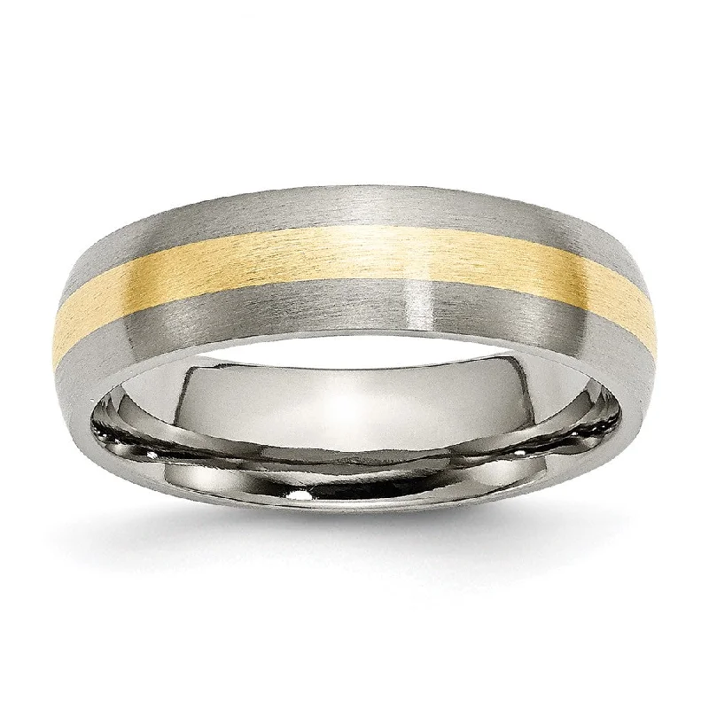 Ladies rings art deco designs-6mm Titanium & 14k Gold Inlay Brushed Domed Standard Fit Band