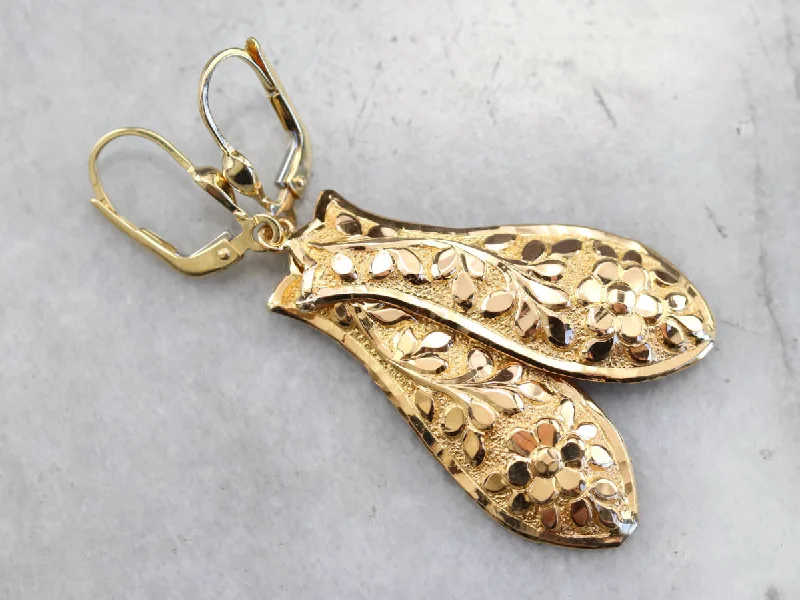 Ladies earrings milestone marker pieces-Vintage Yellow Gold Floral Drop Earrings