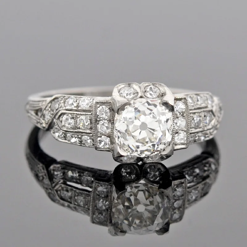 Ladies engagement rings summer solitaires-Art Deco Platinum Diamond Engagement Ring 1.05ct center