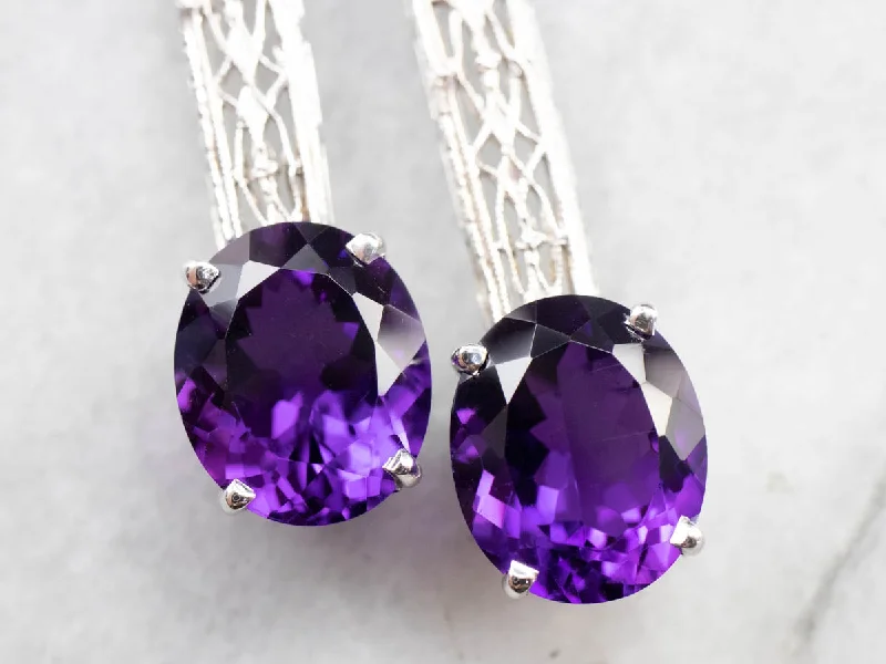 Ladies earrings hammered craft looks-Amethyst Filigree Drop Earrings in White Gold