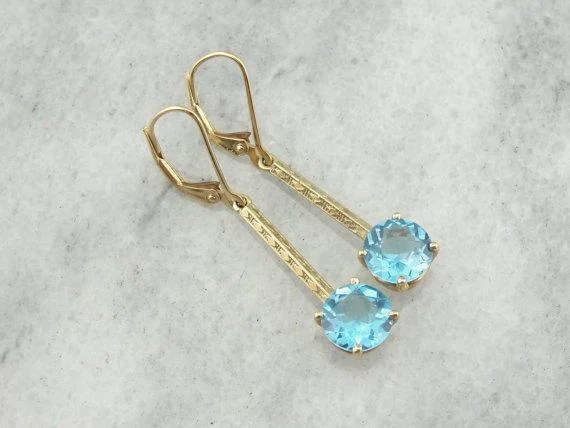 Ladies earrings commitment charm styles-Blue Topaz  in Vintage Fine Gold Drop Earrings