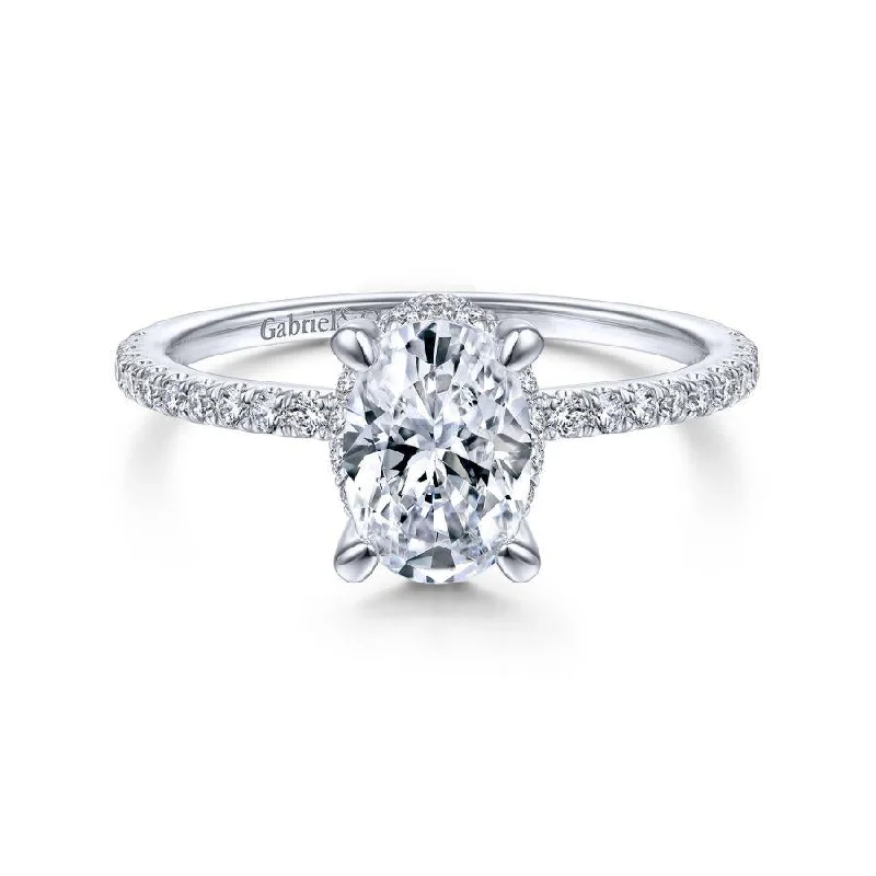 Ladies engagement rings solitaire stones-Hart - 14K White Gold Hidden Halo Oval Diamond Engagement Ring (Setting Only)