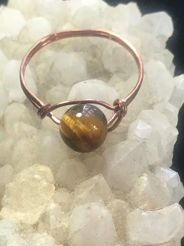 Ladies rings comfort fit styles-Tigers Eye Copper Bead Ring