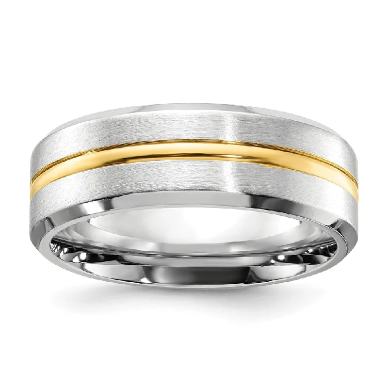 Ladies rings mature sophisticated styles-8mm Cobalt & Gold Tone Plated Grooved & Beveled Edge Band