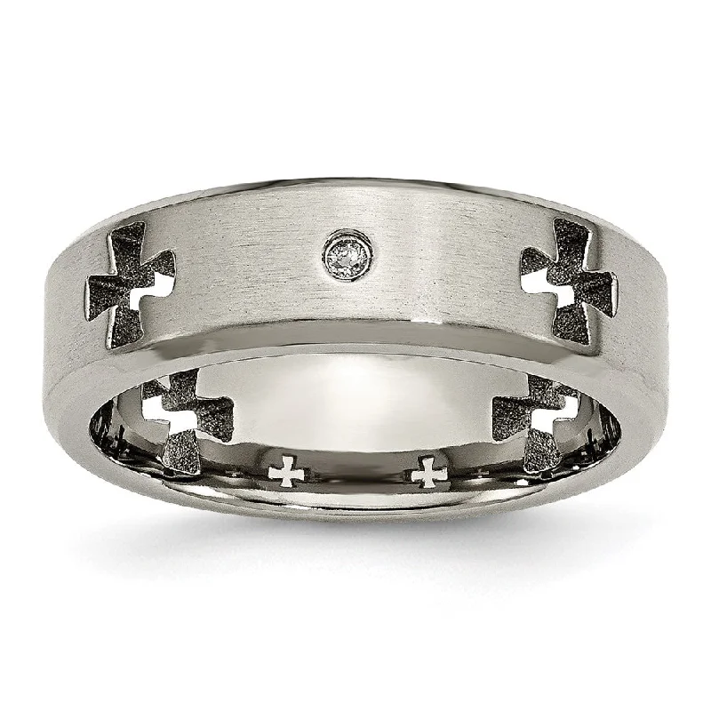 Ladies rings polished gemstone styles-7mm Titanium 1/10ctw Diamond Cut Out Cross Beveled Edge Band