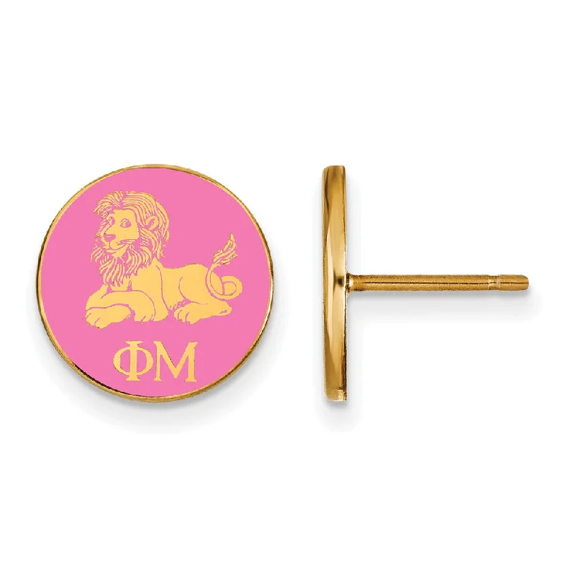 Ladies earrings two-tone earring designs-14K Plated Silver Phi Mu Pink Enamel Lion Post Earrings