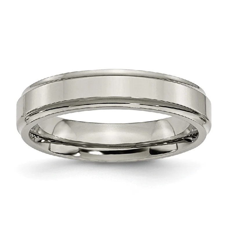 Ladies rings petite charm designs-5mm Titanium Polished Flat Ridged Edge Standard Fit Band