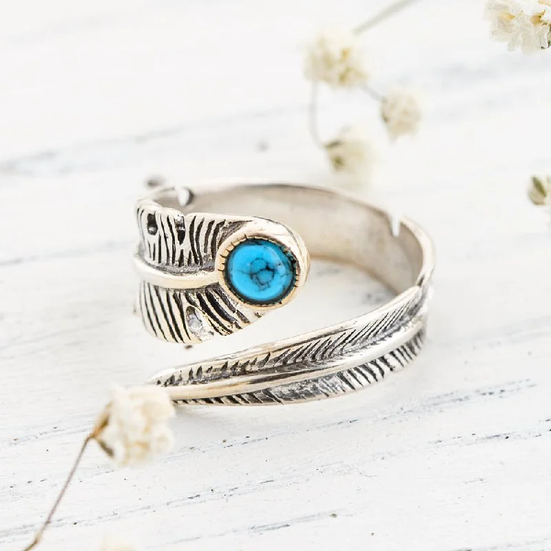 Ladies rings heritage inspired rings-Turquoise Crystal Feather Ring