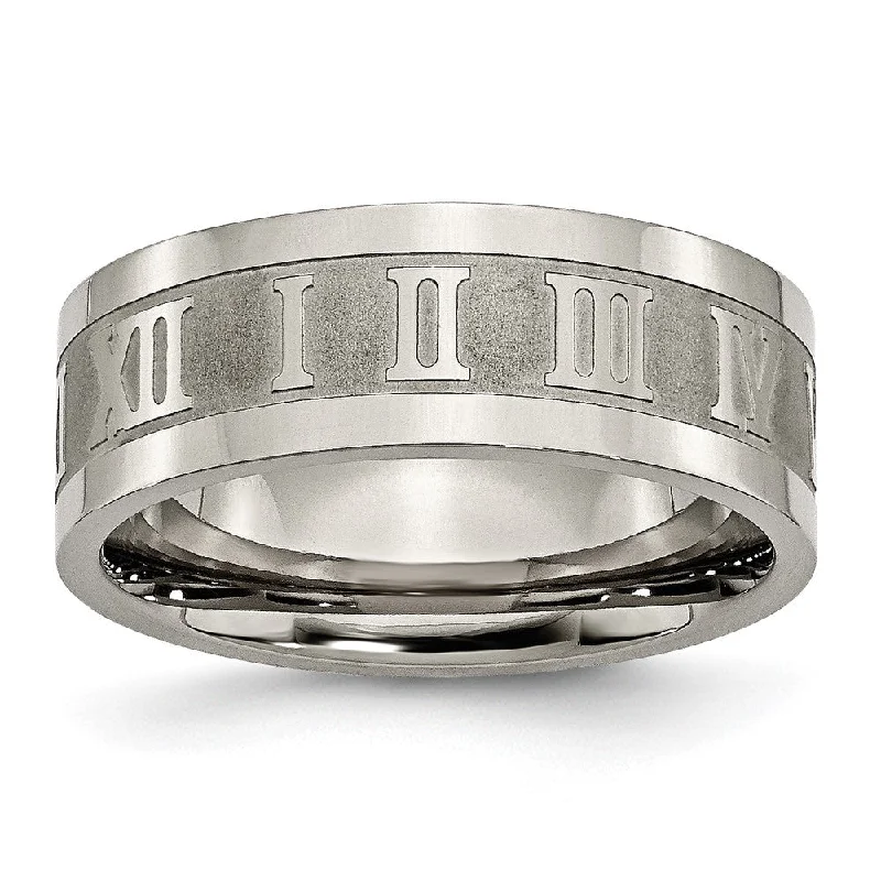 Ladies rings dramatic flair rings-8mm Titanium Satin Center Roman Numerals Flat Standard Fit Band