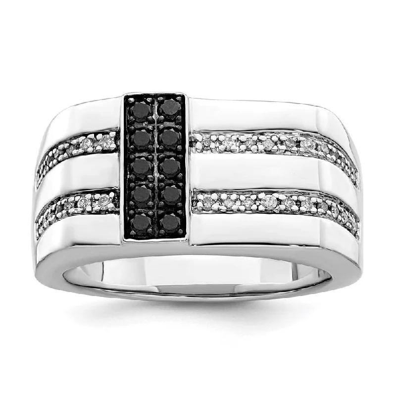 Ladies rings pear cut styles-Mens Sterling Silver 1/2 Ctw White & Black Diamond Flat Top 11mm Band